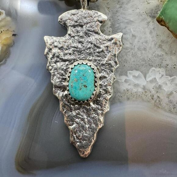 Gary Custer Navajo Sterling Silver Tufa Cast Turquoise Arrowhead Uni Pendant #2 - Picture 5 of 10
